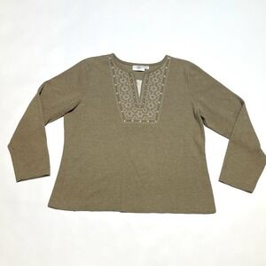 Studio Works Long‎ Sleeve Shirt Top Women's Size XL Beige Embroidered